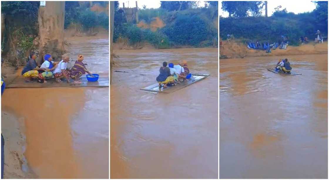 Photos of four ladies crossing a river with wood.