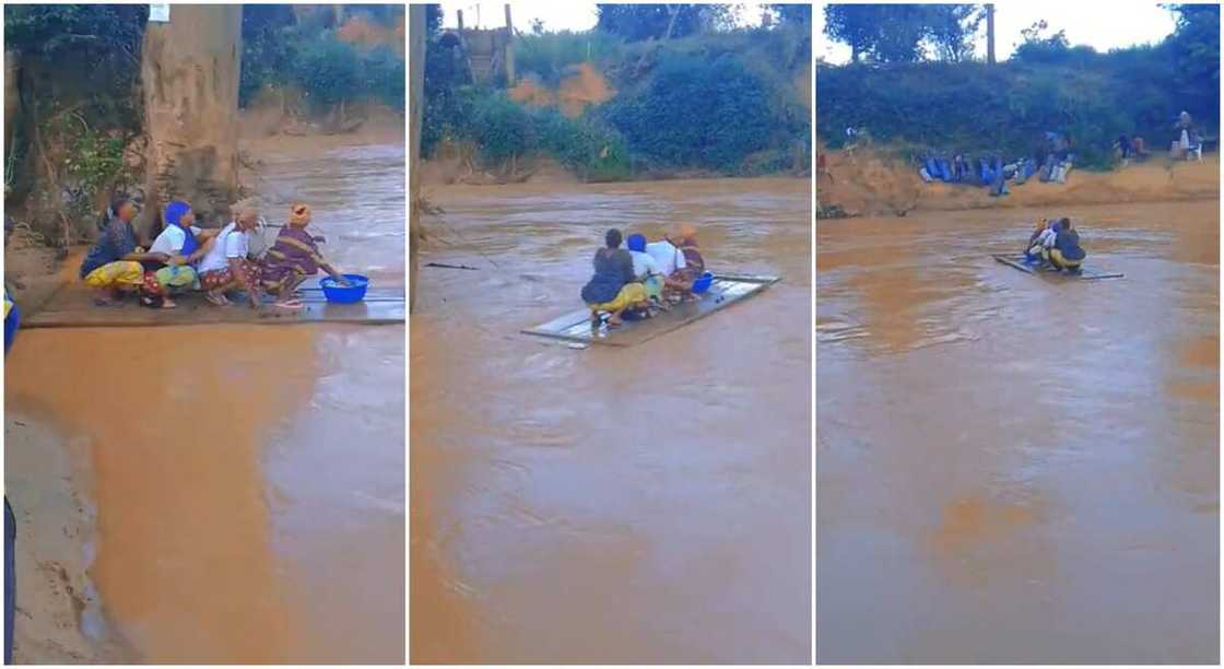 Photos of four ladies crossing a river with wood. Photos of four ladies crossing a river with wood.