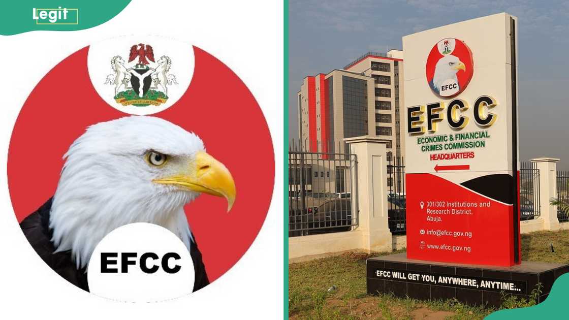 EFCC logo (L). The EFCC headquarters signboard (R) EFCC logo (L). The EFCC headquarters signboard (R)