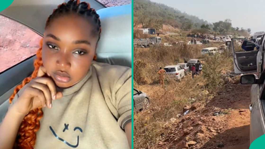 A lady shows heavy traffic in Lokoja road as she travels from Abuja to Imo