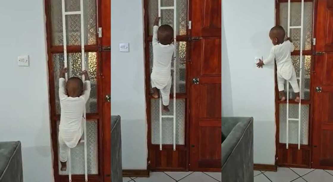 Photos of a boy climbing door to switch on light.