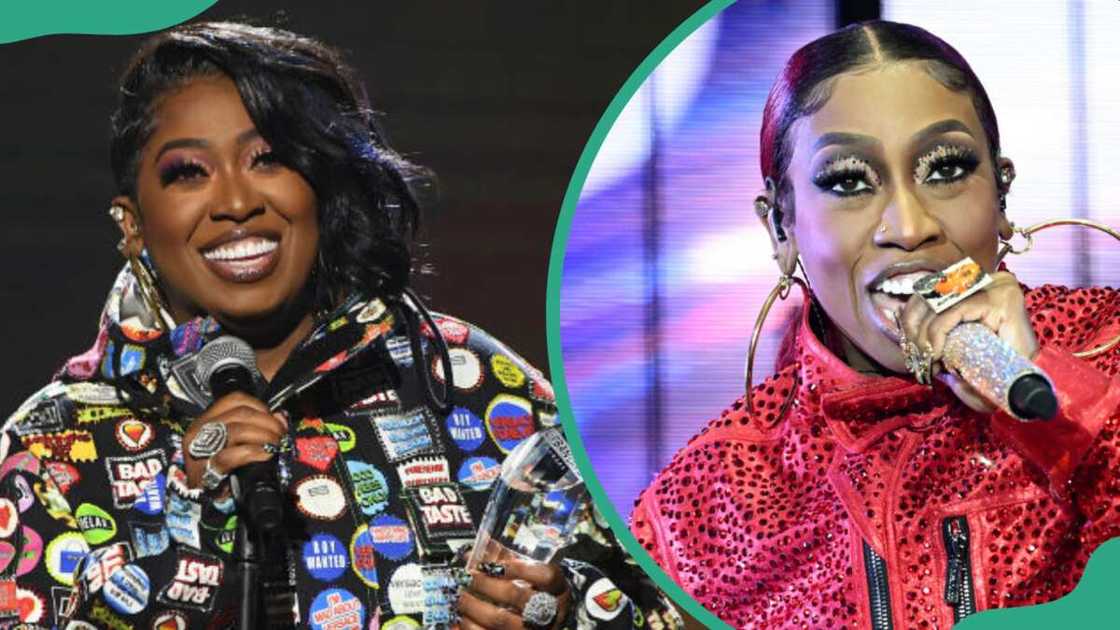 Missy Elliott talking on stage at different events Missy Elliott talking on stage at different events
