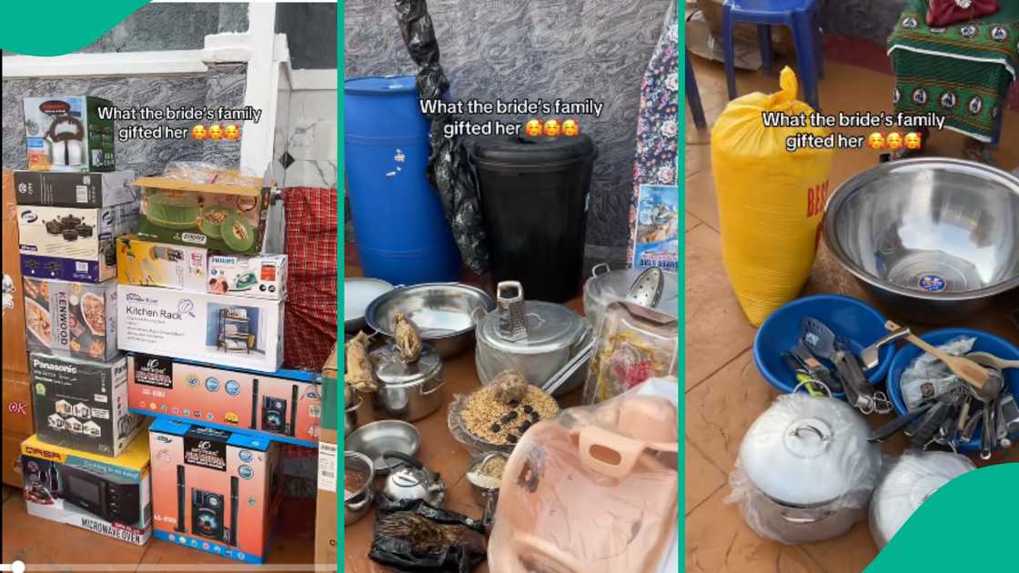Lady shows off gifts she got during wedding.