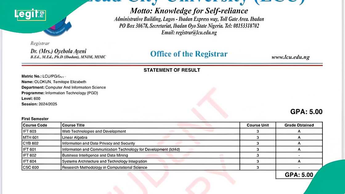 Lead City University student proudly shares her academic success online Lead City University student proudly shares her academic success online