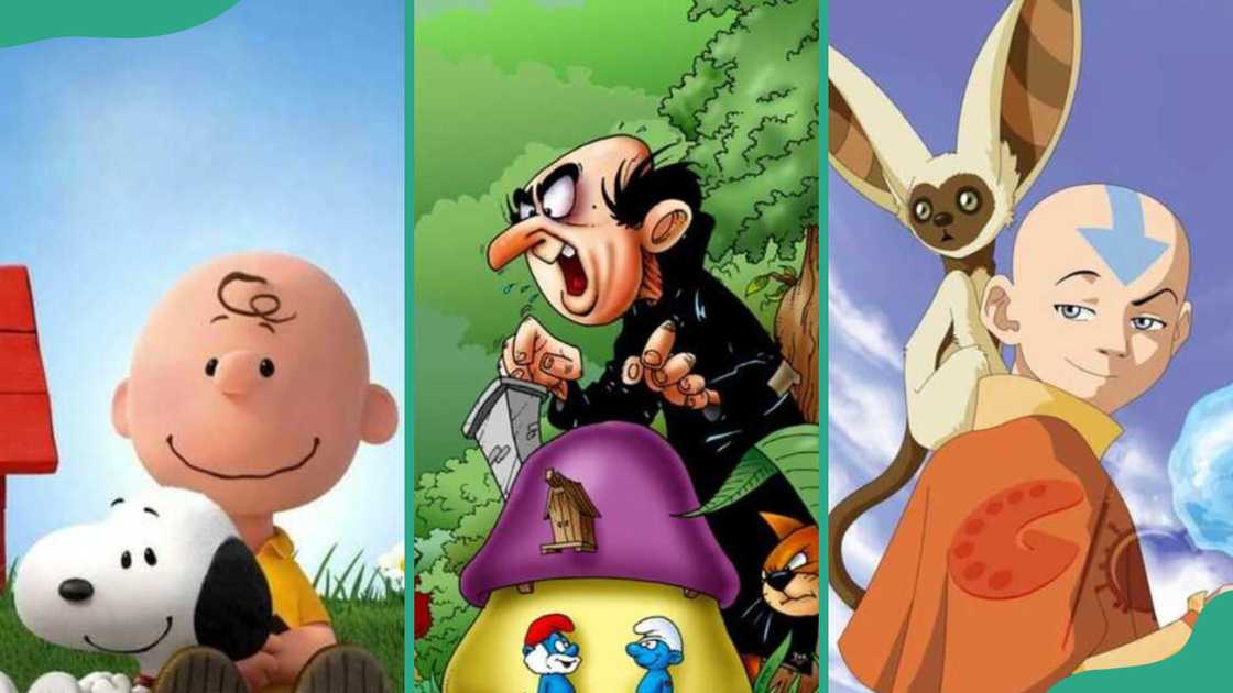 Bald male cartoon characters Charlie Brown, Gargamel and Aang. Bald male cartoon characters Charlie Brown, Gargamel and Aang.