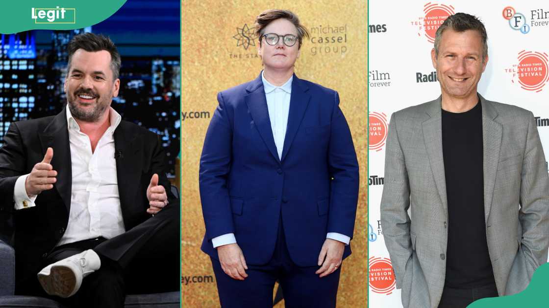 Jim Jefferies (L), Hannah Gadsby (C) and Adam Hills (R)