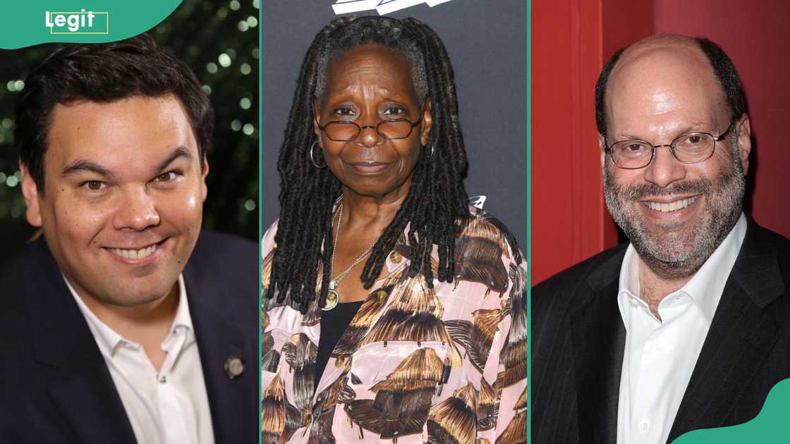 Youngest EGOT winners. Robert Lopez (L), Whoopi Goldberg (C), Scott Rudin (R)