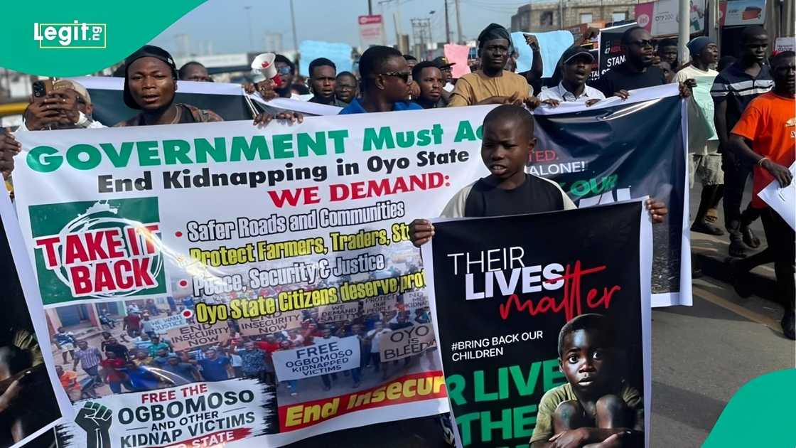 Protesters holding placards during a street demonstration in Ibadan over Oyo school abductions Protesters holding placards during a street demonstration in Ibadan over Oyo school abductions