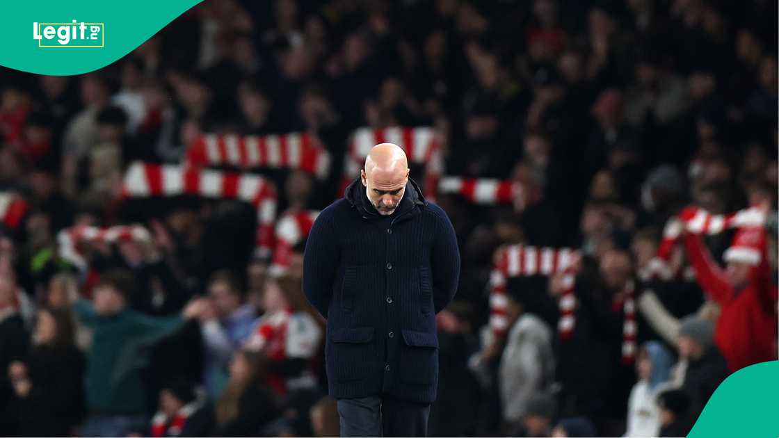 Pep Guardiola, Manchester City, Arsenal, Emirates Stadium, London, England, Premier League. Pep Guardiola, Manchester City, Arsenal, Emirates Stadium, London, England, Premier League.