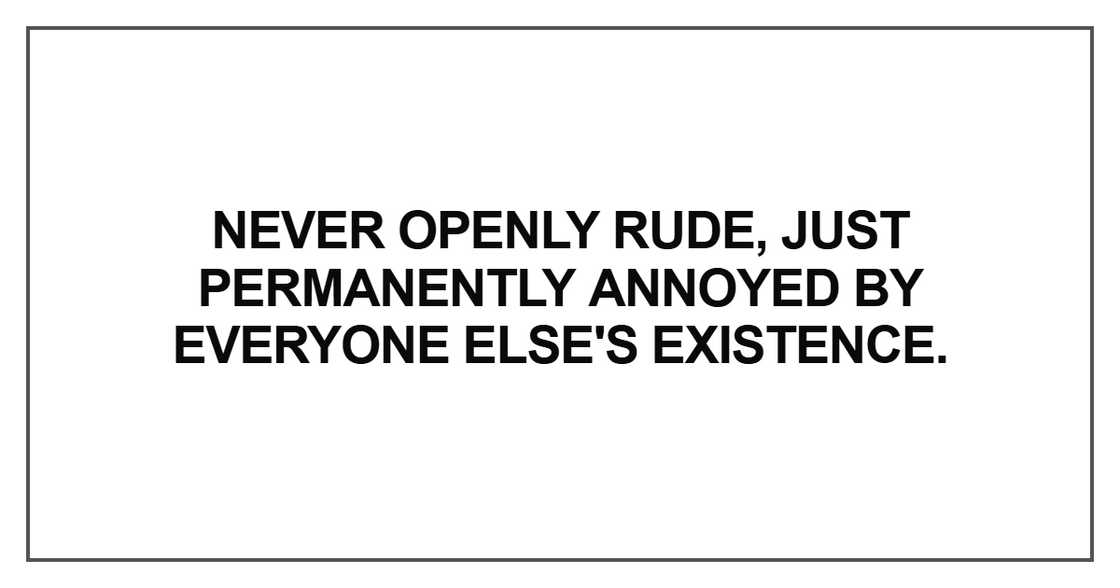Never openly rude, just permanently annoyed by everyone Never openly rude, just permanently annoyed by everyone