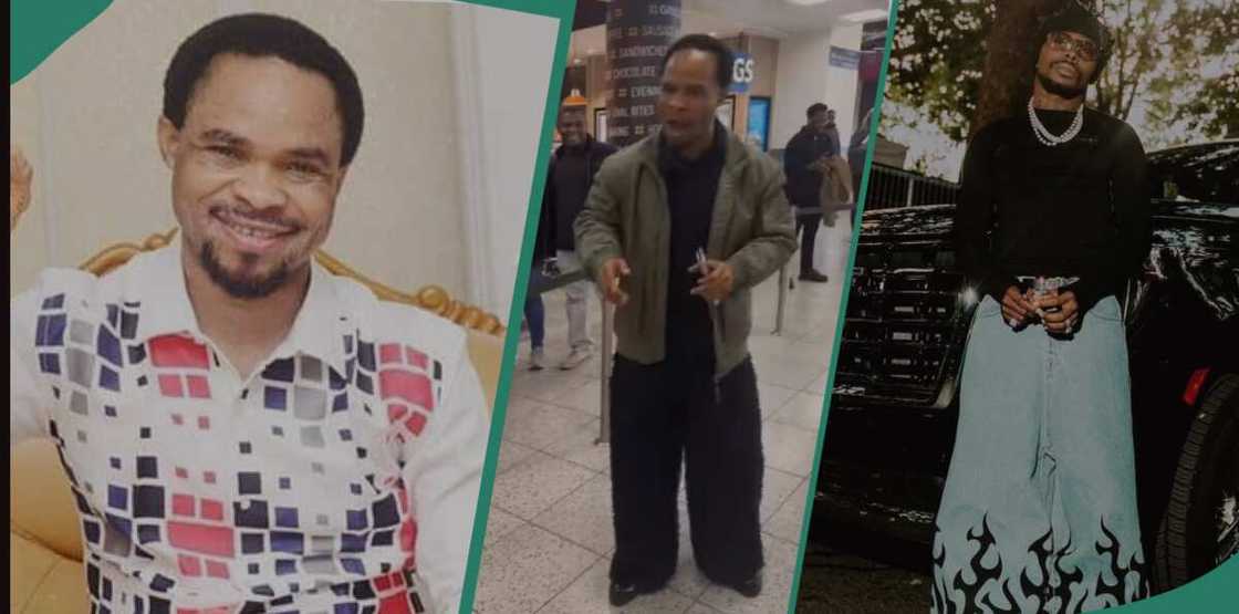 Odumeje arrives in London, wearing baggy trousers like Asake