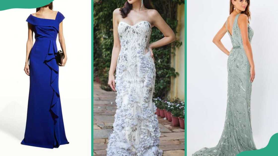 Blue sheath gown (L), white fluffy sheath gown (C), and an ivory sheath ball gown (R) Blue sheath gown (L), white fluffy sheath gown (C), and an ivory sheath ball gown (R)