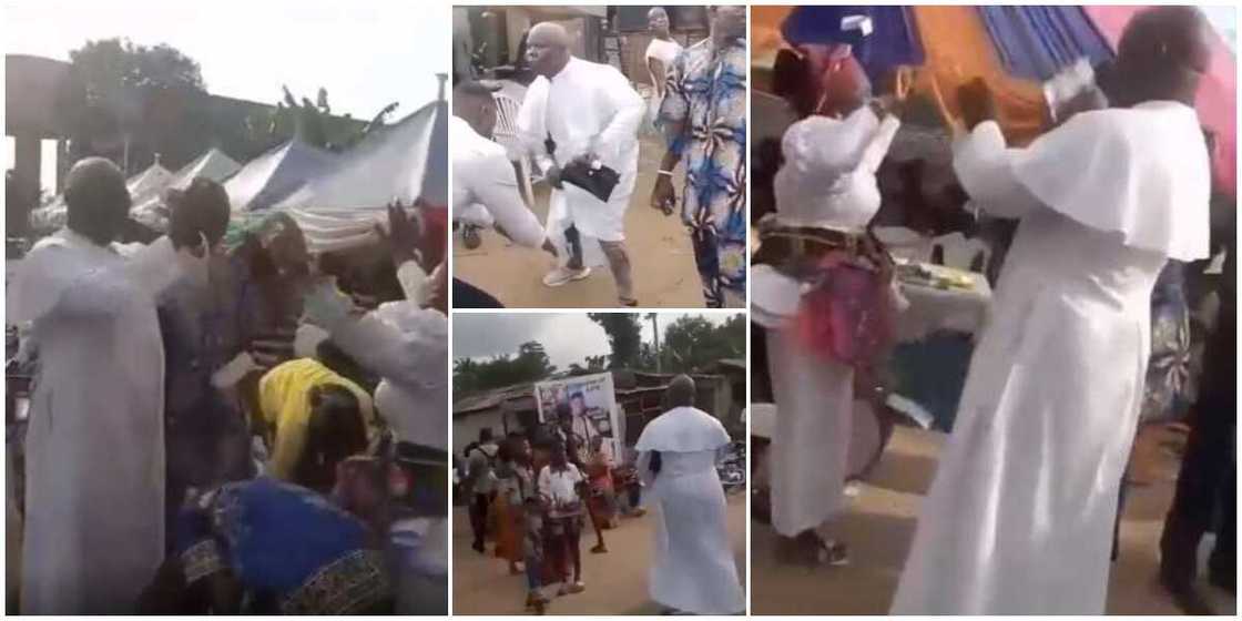Nigerians react as Reverend father arrives burial in sneakers, sprays cash on people in video Nigerians react as Reverend father arrives burial in sneakers, sprays cash on people in video