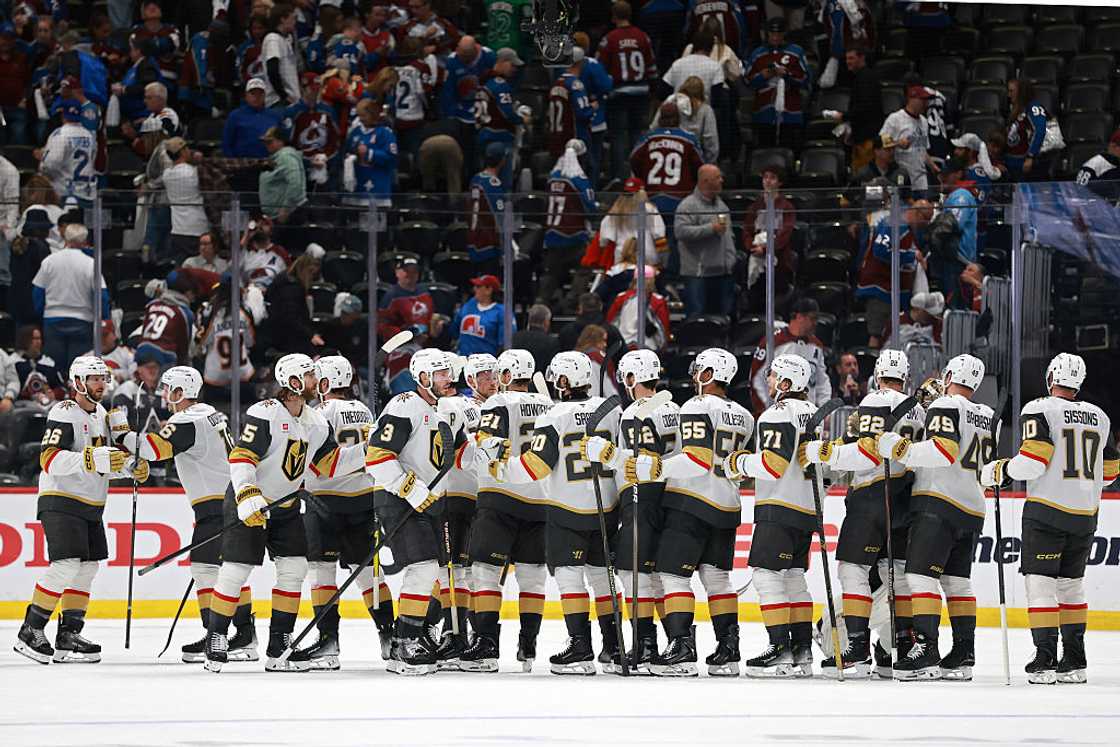 The Vegas Golden Knights celebrate at Ball Arena The Vegas Golden Knights celebrate at Ball Arena