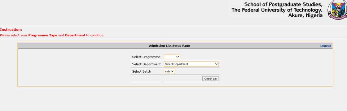 FUTA admission list setup page