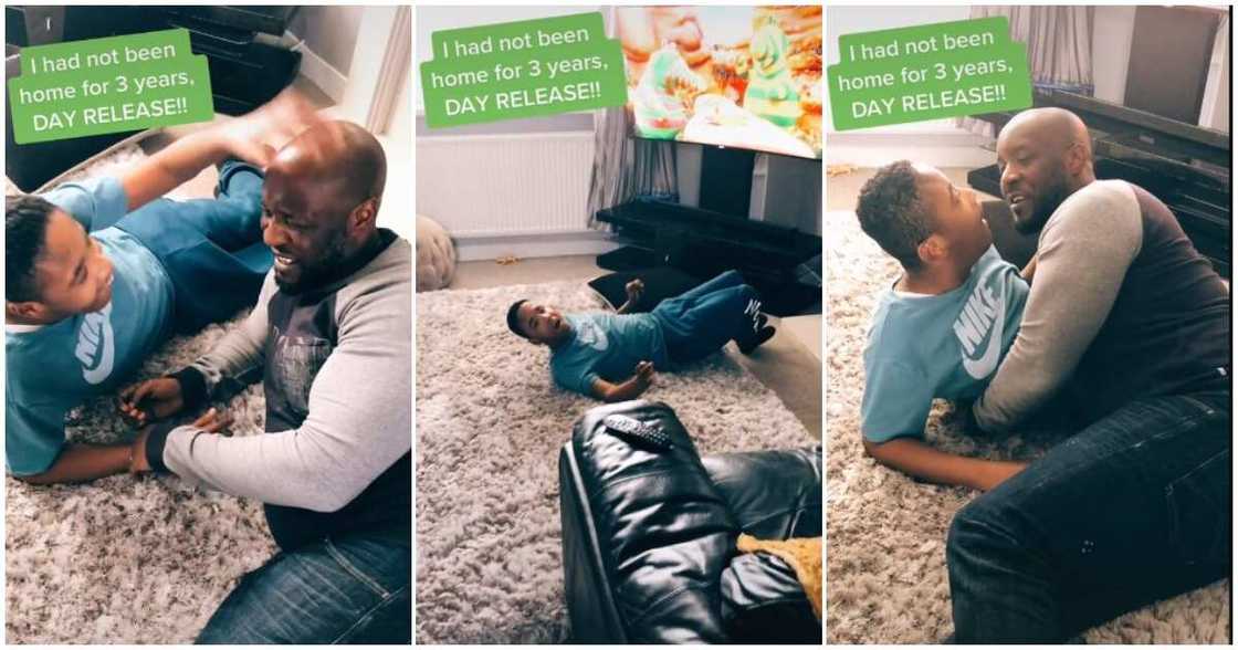 Dad returns home after 3 years, dad leaves prison after 3 years, dad kisses son Dad returns home after 3 years, dad leaves prison after 3 years, dad kisses son