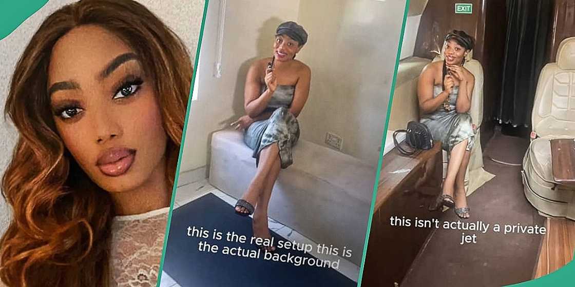 Lady poses inside fake private jet