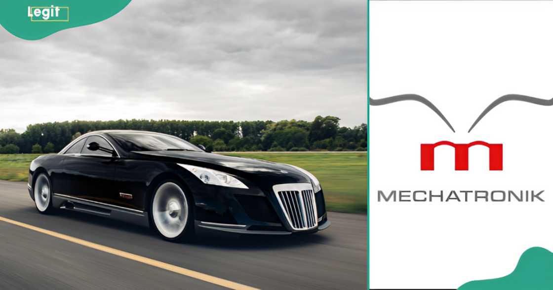 The Maybach Exelero (L) and the Mechatronik logo (R)