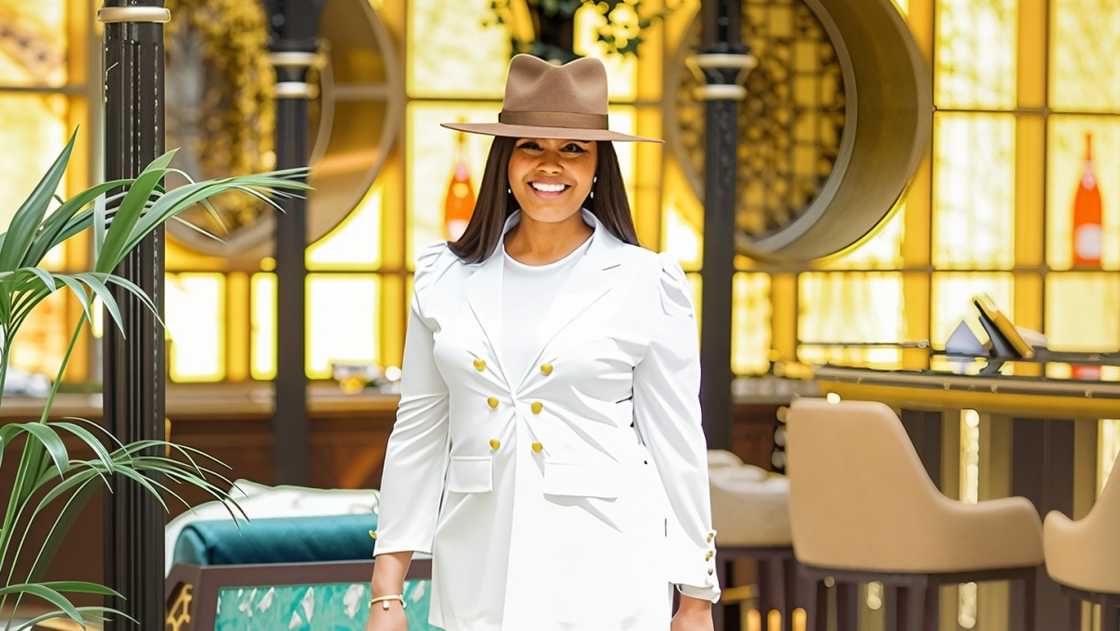 Juliet Okonkwo poses in a white outfit on a patio.