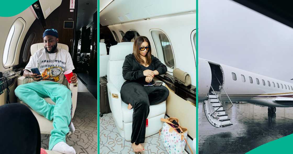 Nikos Babii vlogs with Davido on private jet, flaunts interior.