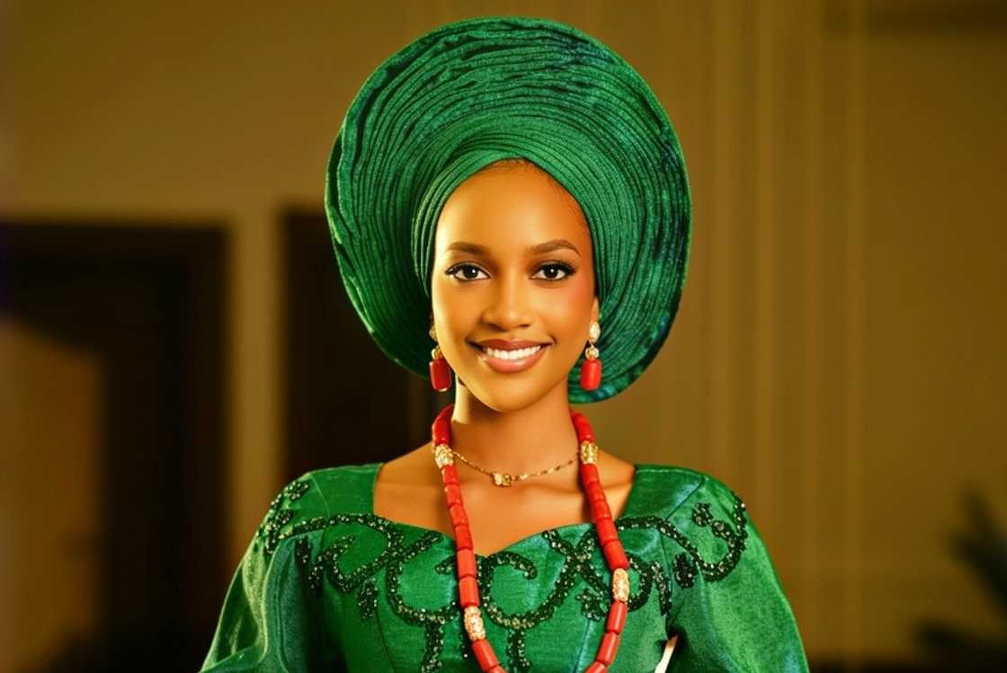 Bluethopia poses in a green traditional Nigerian outfit