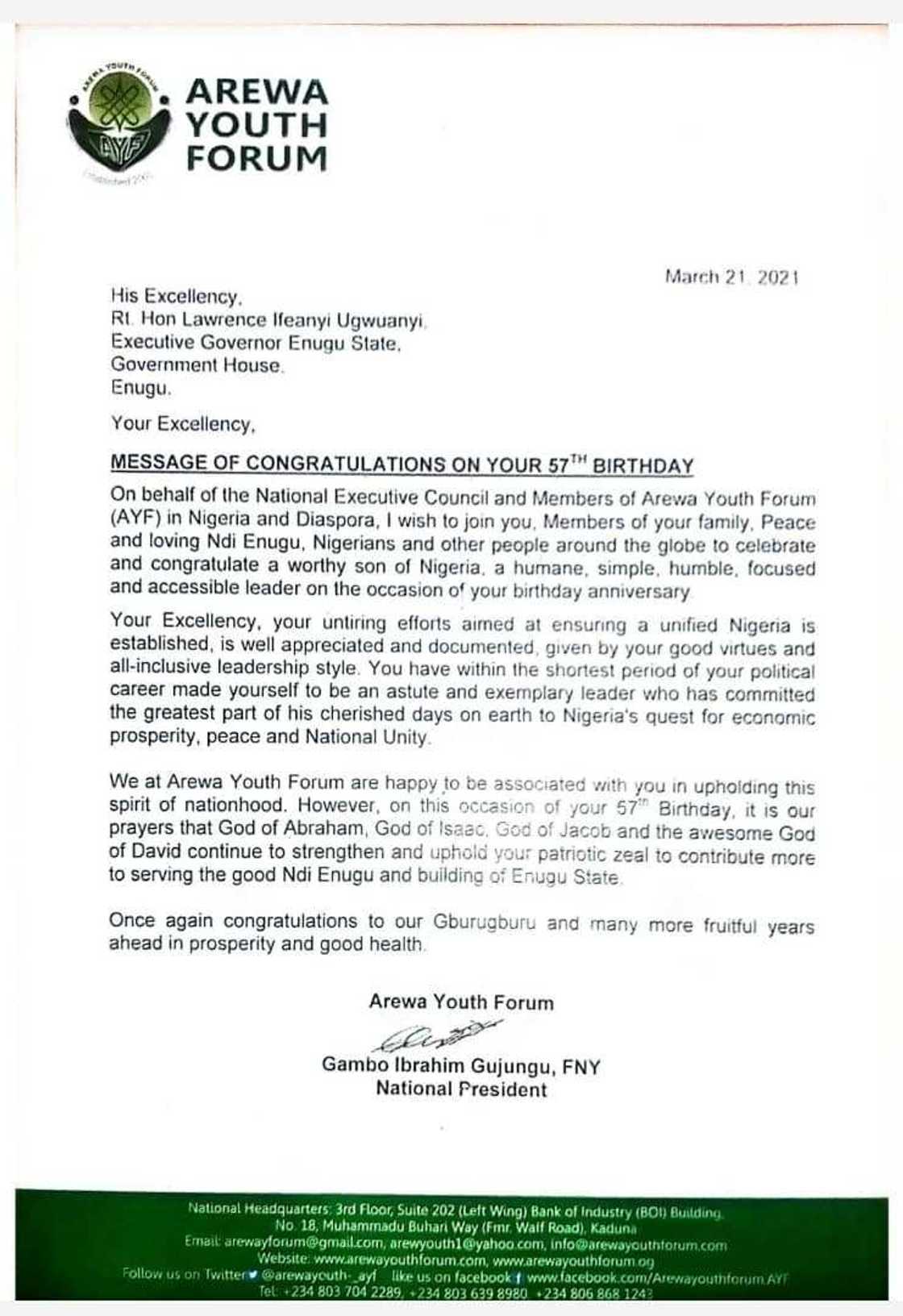 Arewa youths laud Gov Ugwuanyi on peace, national unity, economic prosperity Arewa youths laud Gov Ugwuanyi on peace, national unity, economic prosperity
