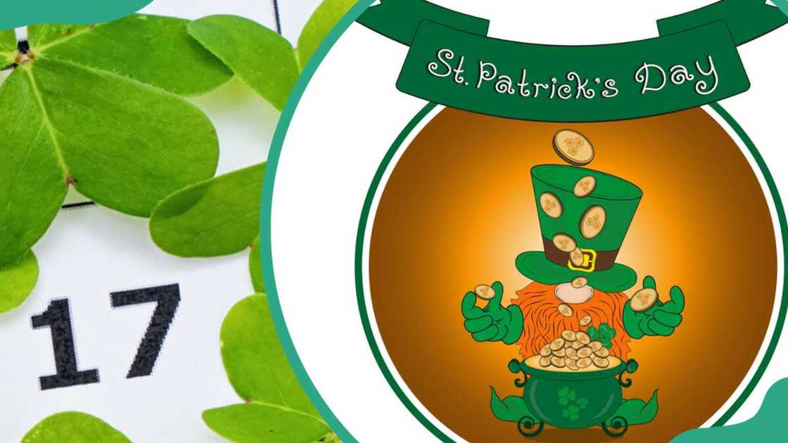 A calendar showing St. Patrick's Day on 17th day of March (L). A sticker for the celebration of the day (R)