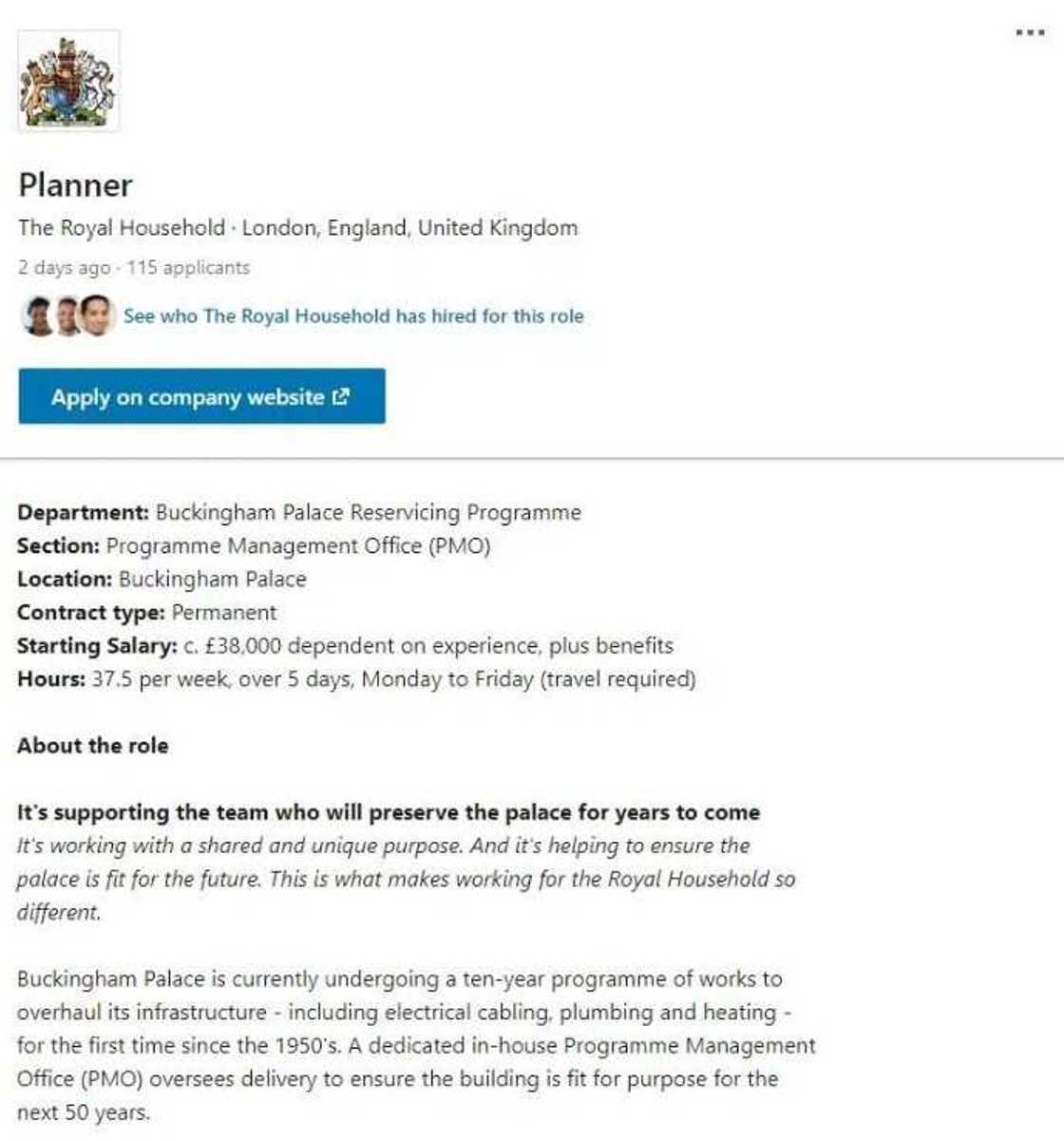 A snapshot of the call for application on LinkedIn. Photo source: UK Sun A snapshot of the call for application on LinkedIn. Photo source: UK Sun