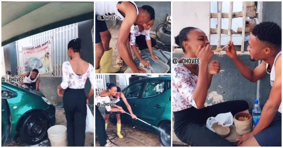 Nigerian lady wows boyfriend who washes cars for a living, visits his workplace and joins him, video goes viral Nigerian lady wows boyfriend who washes cars for a living, visits his workplace and joins him, video goes viral