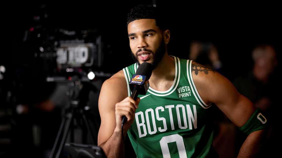 Jayson Tatum of the Boston Celtics gives an interview during Boston Celtics Media Day Jayson Tatum of the Boston Celtics gives an interview during Boston Celtics Media Day