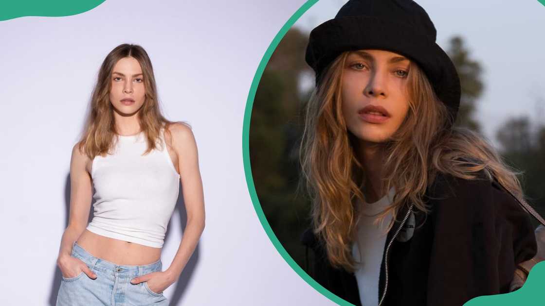Klaudia K standing against a plain, light-colored background (L). Klaudia K in a black bucket hat and a dark jacket over a white top (R). Klaudia K standing against a plain, light-colored background (L). Klaudia K in a black bucket hat and a dark jacket over a white top (R).
