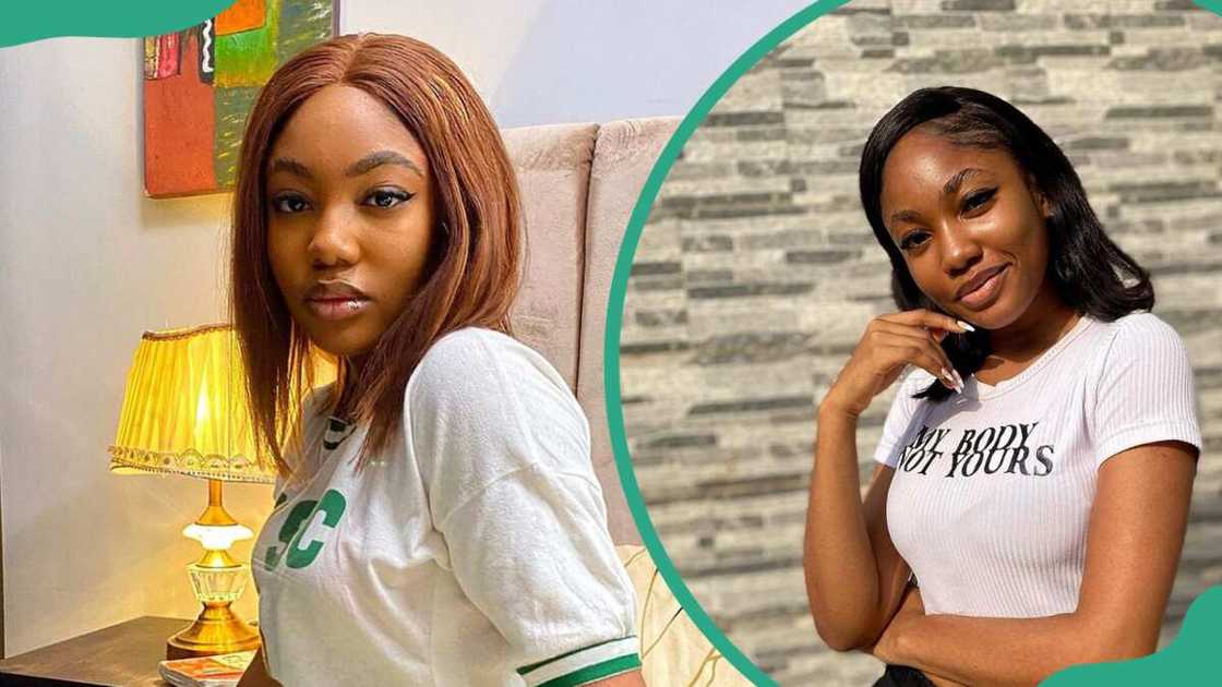 Actress Angel Unigwe sitting on a bed in a decorated room (L). Unigwe standing in front of a grey wall (R) Actress Angel Unigwe sitting on a bed in a decorated room (L). Unigwe standing in front of a grey wall (R)