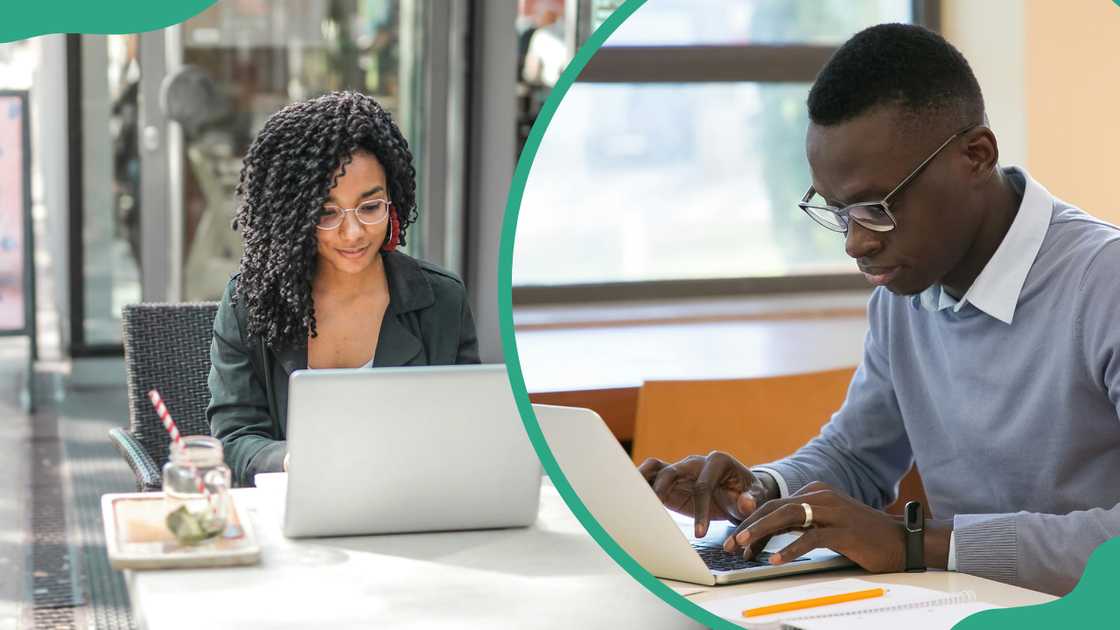 A serious woman and a man in formal clothes and spectacles are using laptops