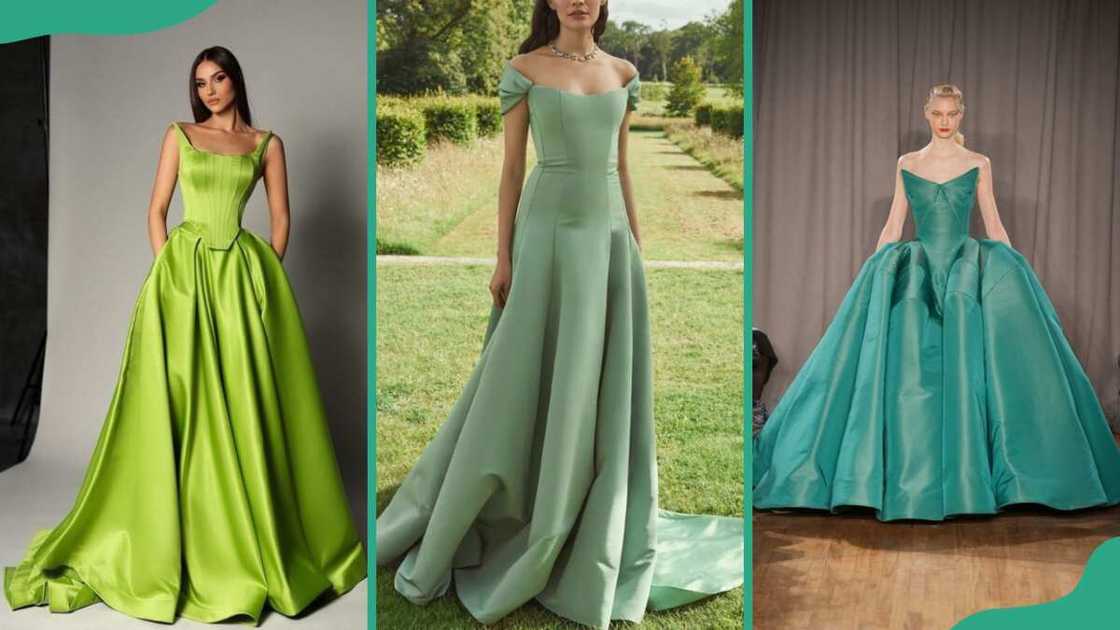 Lime green drop waist gown (L), light green drop waist gown (C), and a dark green drop waist gown (R) Lime green drop waist gown (L), light green drop waist gown (C), and a dark green drop waist gown (R)