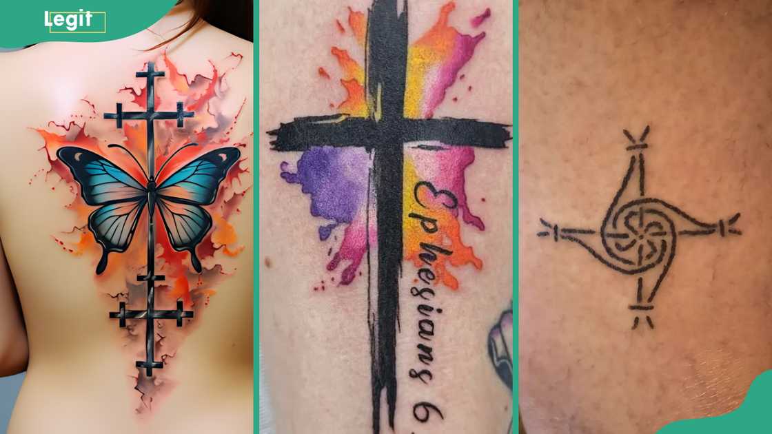 Butterfly cross (L), watercolour cross (C) and St brigid's cross (R) tattoos Butterfly cross (L), watercolour cross (C) and St brigid's cross (R) tattoos
