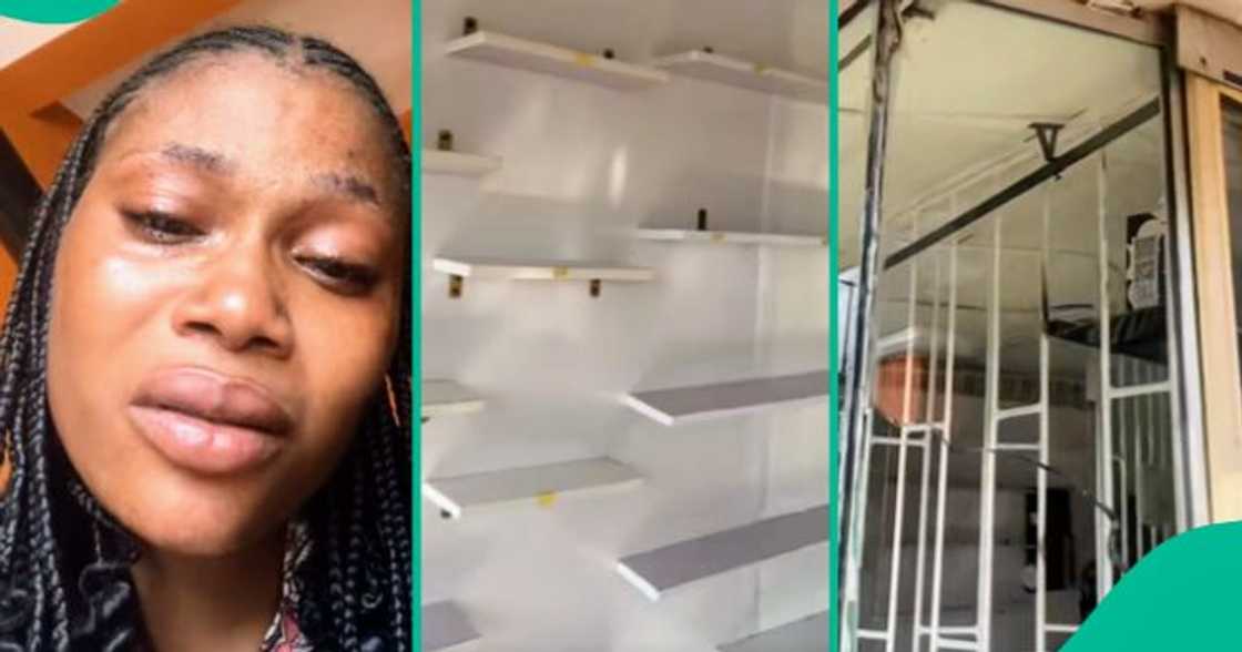 Lady cries bitterly after theives burgled her shop. Lady cries bitterly after theives burgled her shop.