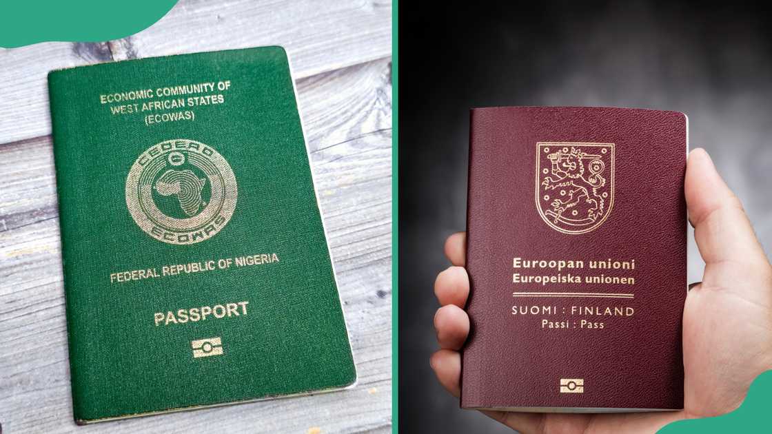 Nigerian passport (L). Hand holding a Finnish (Finland) passport (R).