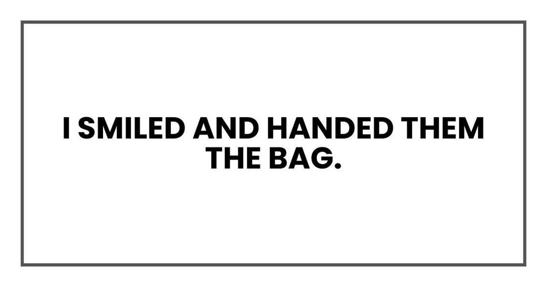 I smiled and handed them the bag. I smiled and handed them the bag.