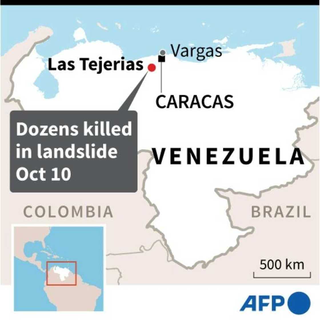 Map locating Las Tejerias in Venezuela where heavy rains triggered deadly landslide on Sunday