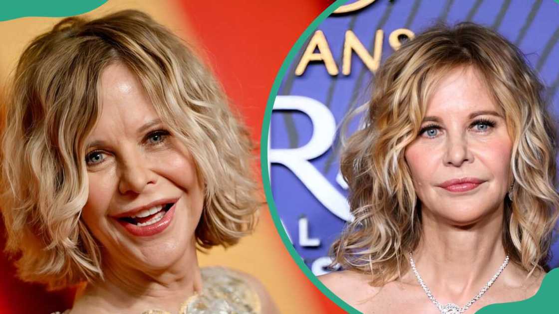 Meg Ryan at the 2024 Vanity Fair Oscar Party (L). The actress at the 350th Anniversary Gala photocall (R)