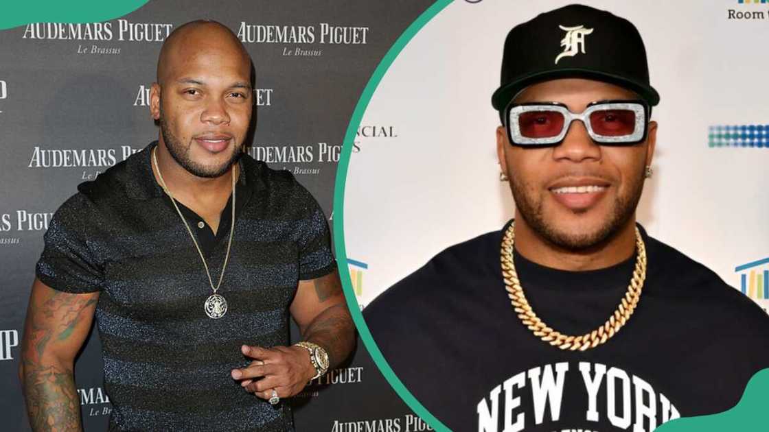 Flo Rida attends a cocktail reception in Miami Beach, Florida (L). Flo Rida at The Rainbow Room in New York City (R).