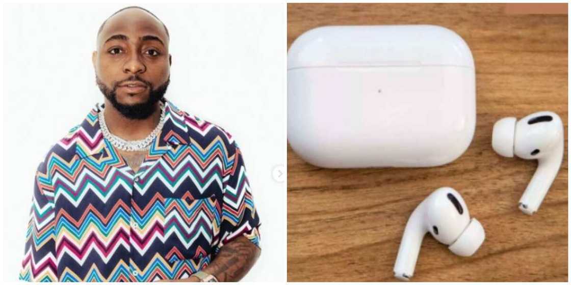 Photos of Davido and AirPods.