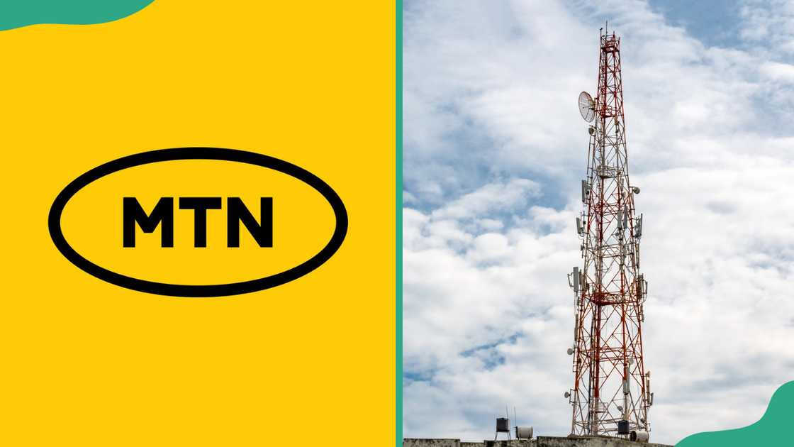MTN logo (L). A cellular tower (R) MTN logo (L). A cellular tower (R)