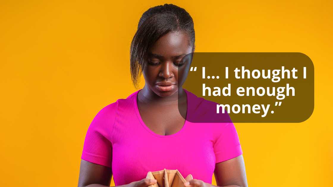 A worried woman with no money in wallet