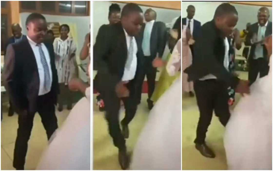 Groom dances with intense energy at his wedding.