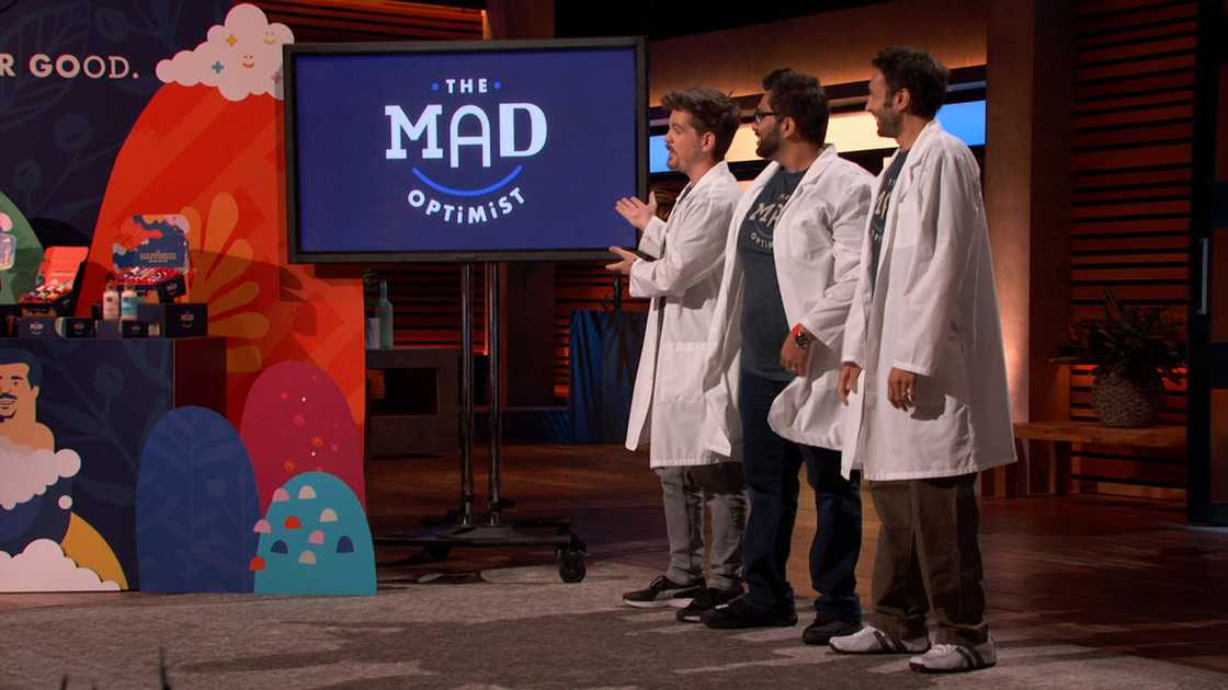 Mohammed M., Mohammed A. Mahdi, and Anthony Duncan pose standing while presenting their company, on Shark Tank.