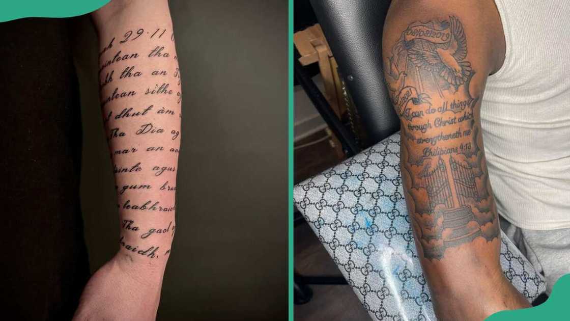 Script/message-inspired half-sleeve tattoos Script/message-inspired half-sleeve tattoos