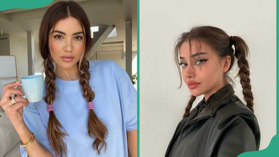 Two women displaying pigtail hairstyle Two women displaying pigtail hairstyle