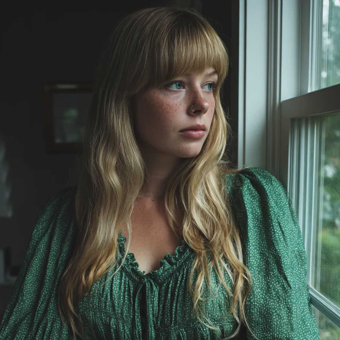A pensive woman standing by a window A pensive woman standing by a window