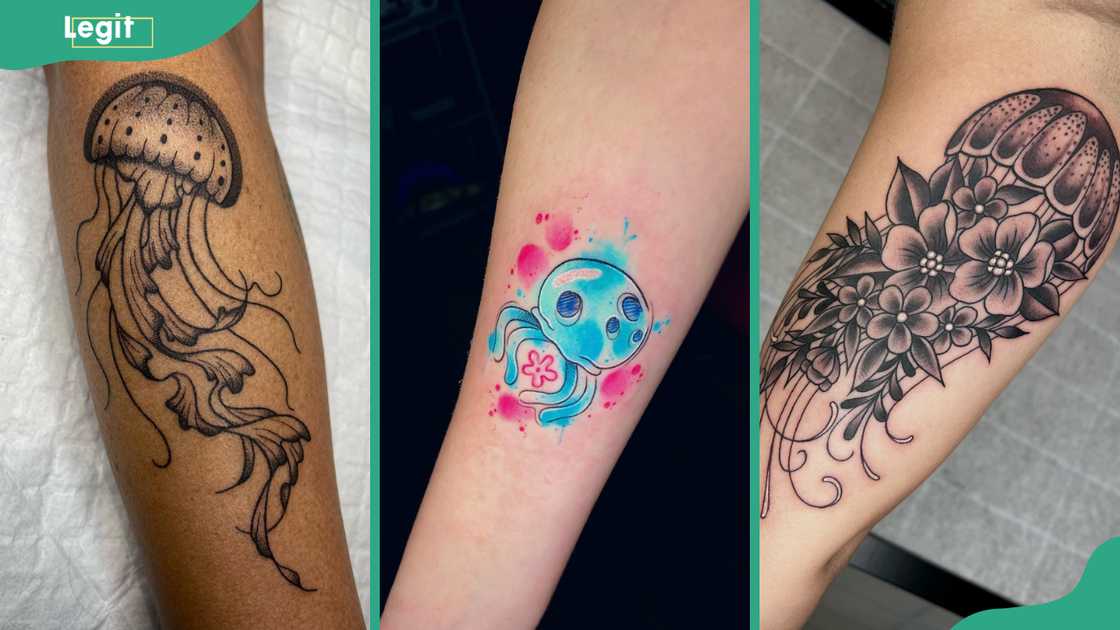 Jellyfish hand tattoo (L), SpongeBob jellyfish tattoo (C), and Jellyfish flower tattoo (R)